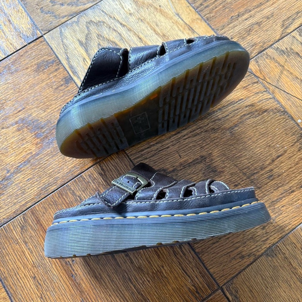 Dr. Martens Maxxy Slide Dark Brown Leather Woven Slide Sandals - Picture 3 of 6